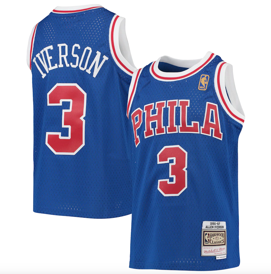 Youth Mitchell &amp; Ness Allen Iverson Royal Blue 1996-97 Hardwood Classics Swingman Throwback Jersey