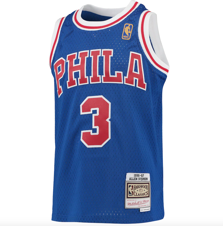 Youth Mitchell &amp; Ness Allen Iverson Royal Blue 1996-97 Hardwood Classics Swingman Throwback Jersey