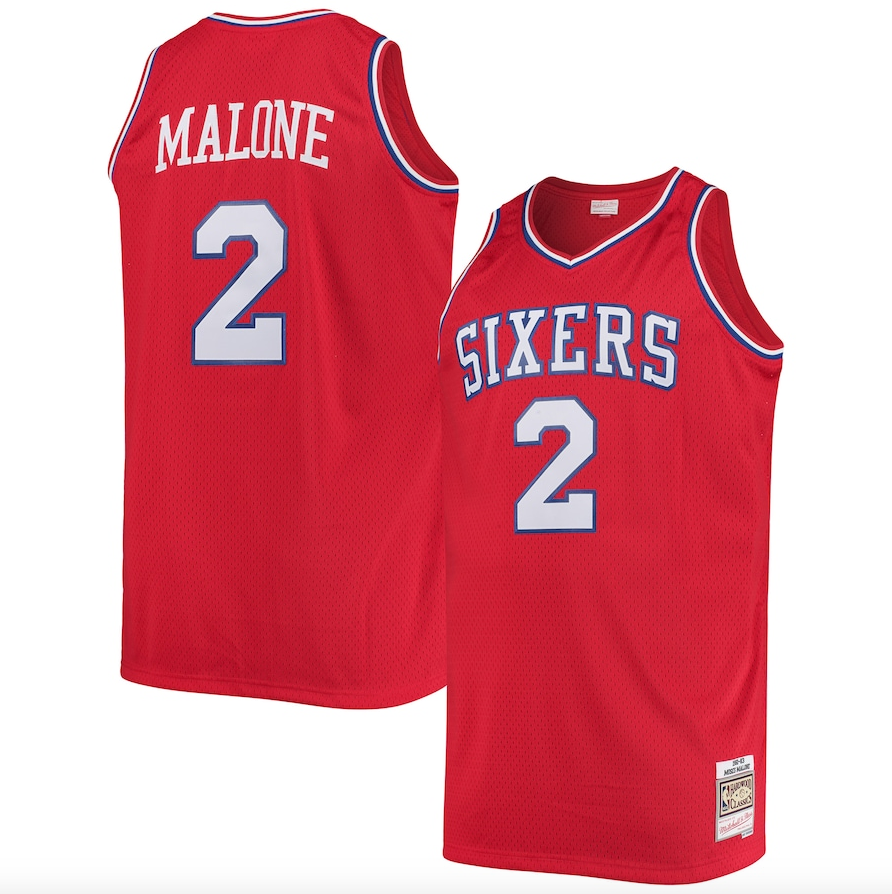 Mens Philadelphia 76ers Moses Malone Mitchell &amp; Ness Red 1982-83 Hardwood Classics Swingman Jersey